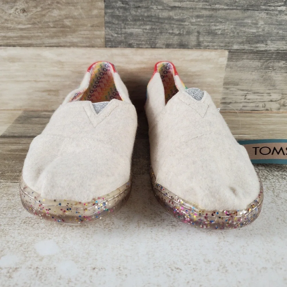 Toms Aclass Esp Kids Loafer Sz 3 Multi Rainbow Heel & Glittery Sole Slip On Flat